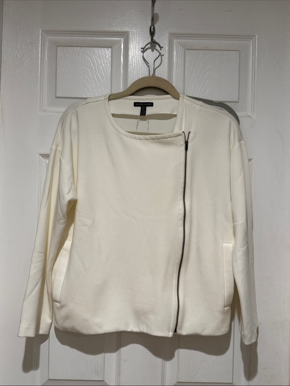 Eileen Fisher Cream Asymmetrical Zip Jacket